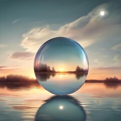 Serenity Reflected: A Mesmerizing Sunset Over a Tranquil Lake with a Transparent Crystal Ball Floating Above