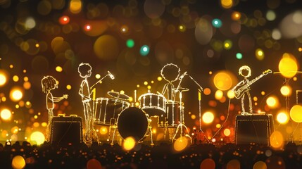 Stick figures playing musical instruments on stage, surrounded by lights and amplifiers - obrazy, fototapety, plakaty