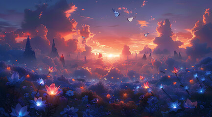 Mists of Elysium: Watercolor Dreamscape of Dawn-Lit Isles and Luminescent Blooms - obrazy, fototapety, plakaty