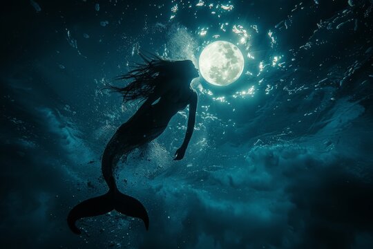 Moonlit Mermaid emerging from the water under the moonlight