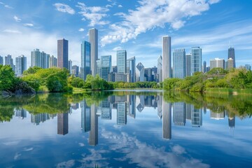 Skyline Reflection with cityscape mirrored in the still waters of a river or lake, creating a...