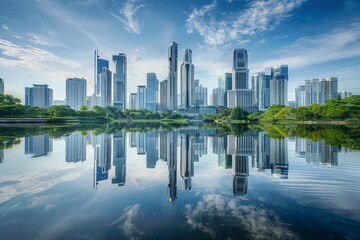 Skyline Reflection with cityscape mirrored in the still waters of a river or lake, creating a...