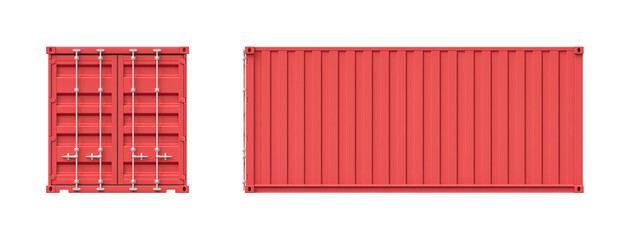 Red shipping container with open and closed views