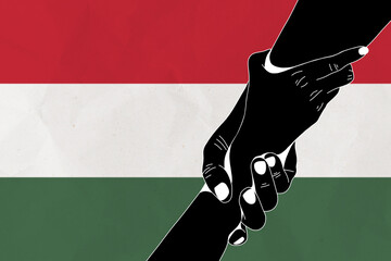 Helping hand against the Hungary flag. The concept of support. Two hands taking each other. A helping hand for those injured in the fighting, lend a hand