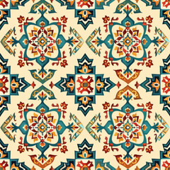 Intricate ethnic geometric seamless pattern with colorful accents.