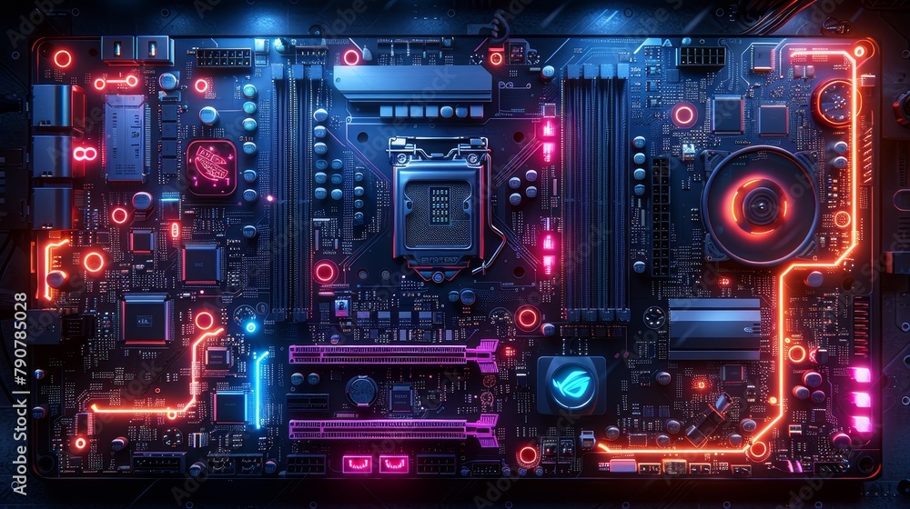 Poster computer repair services. upgrade or repair of gaming computers. modern power pcs in dark with neon 