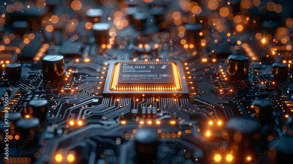 Aufkleber An abstract digital chip computer processor and electronic components on a motherboard or circuit board. Technology for developing electronic devices on microchips or microprocessors, mechanical