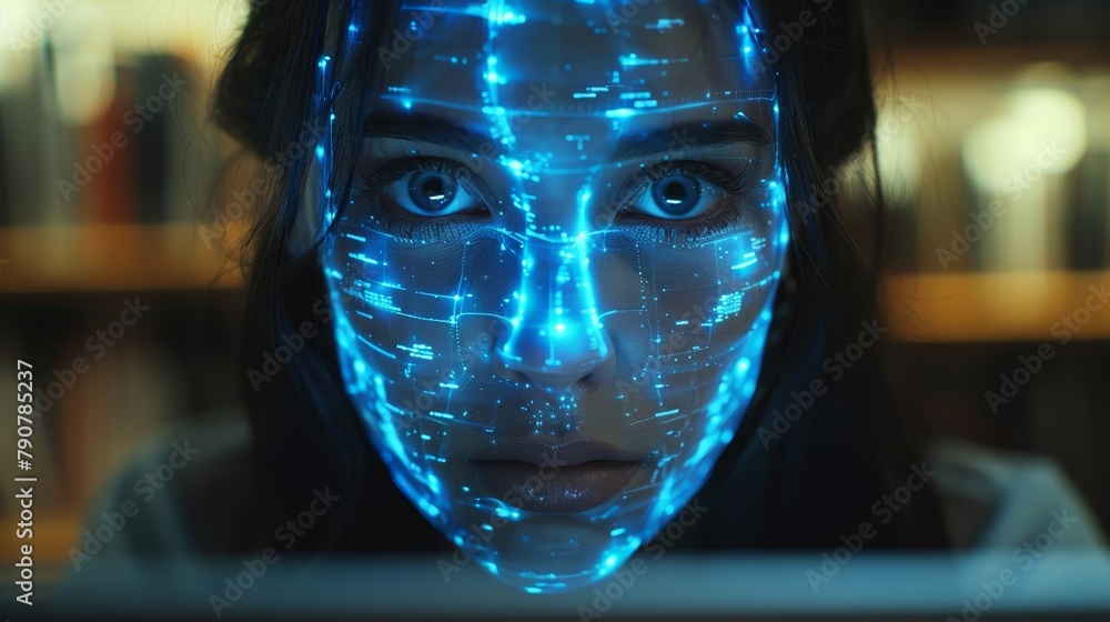 Poster Cyber security technology. Internet online chat bot face looks outside laptop screen. Artificial intelligence robot head. AI protects your laptop from hacker attacks.