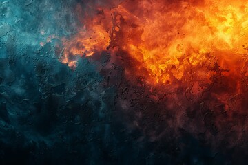 This abstract image features an intense blend of blue and orange, resembling a fiery inferno meeting a cool, watery abyss