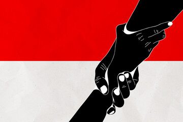 Helping hand against the Indonesia flag. The concept of support. Two hands taking each other. A helping hand for those injured in the fighting, lend a hand