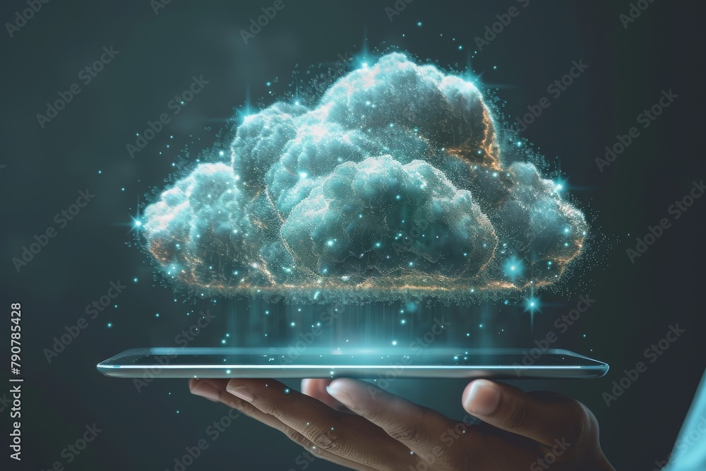 Poster a hand holds a tablet from which a luminescent, ethereal cloud emerges, symbolizing cloud computing 