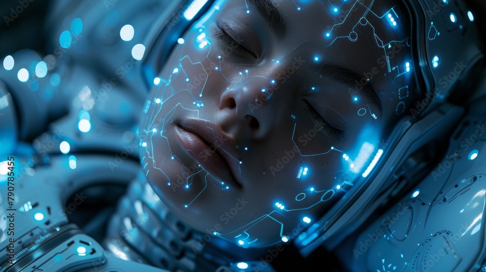 Poster humanoid anthropomorphic female robot curls up in cyberspace, sleeping surrounded by data signals. a