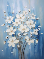 Oil painting illustration of white flowers bouquet in vase on blue background. Valentine, Woman's day and Mothers day concept, art for design poster, greeting card, banner, wedding invitation