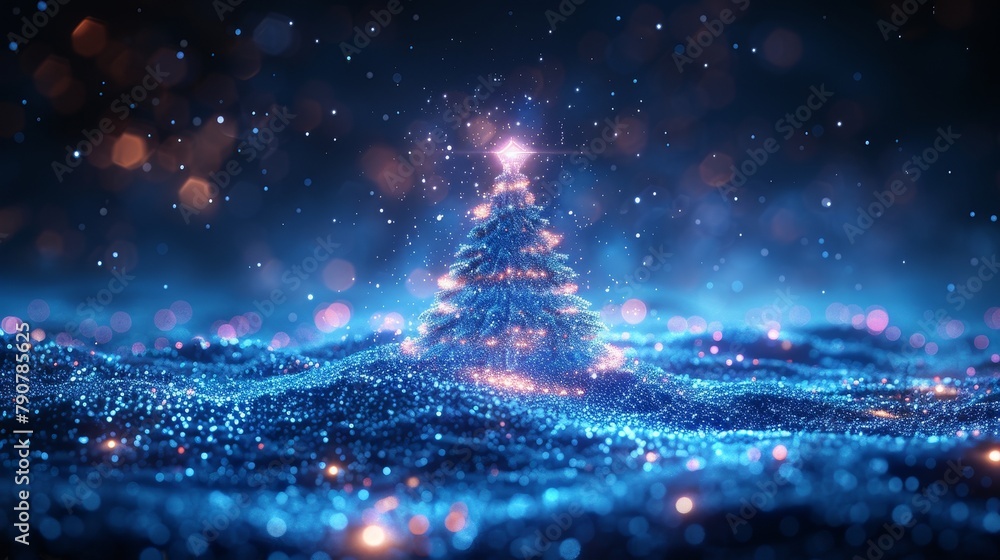 Poster christmas tree on christmas poster in style of computer technology. greeting card in style of digita