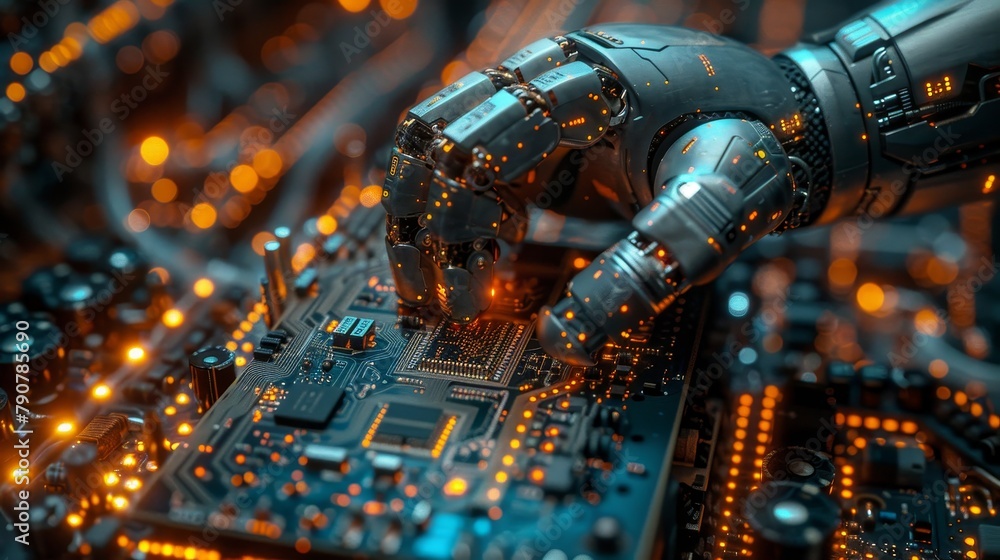 Poster Robot manipulator places electronic component on electronic circuit board on production assembly line. AI Automated robotics factory of electronic industry holds chip above PCB.