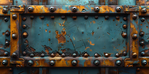 Rustic Metal Tank on Distressed Wooden Canvas: Teal, Grunge, and Symmetrical Top View Artwork