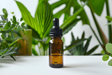 A glass bottle of essential oil  on a  white table, placed next to a plants with leaves in an indoor setting.