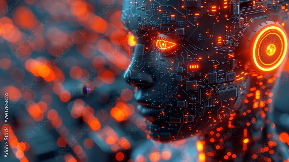 Poster AI chat bot development. Computer electronic chip hardware isometric robot head. Technology. Internet online chat bot face. Generated pre-trained AI. AI concept banner.