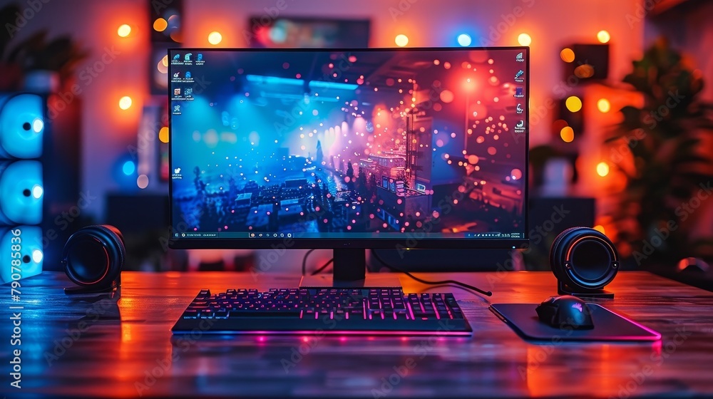 Aufkleber a powerful gaming computer on a table. gaming desktop computer with neon led light on top. mock up o