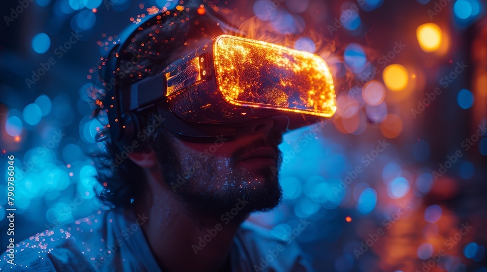 Poster a man wearing a virtual reality headset and vr controllers in his hands. a virtual reality metaverse
