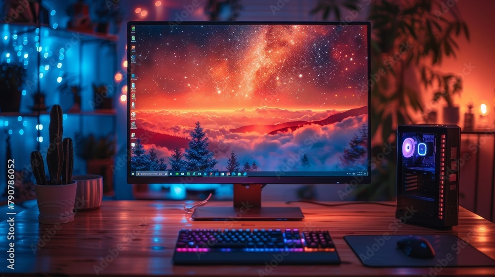 Poster A modern powerful desktop PC computer with an empty monitor, keyboard, and mouse on a desk. Desktop computer with abstract interfaces of programs. Computer technology concept.