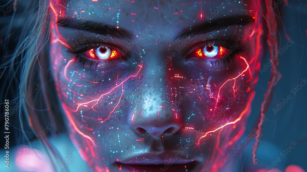 Poster head chat bot with lightning eyes. cyborg in image with artificial intelligence in the eyes. cyber v