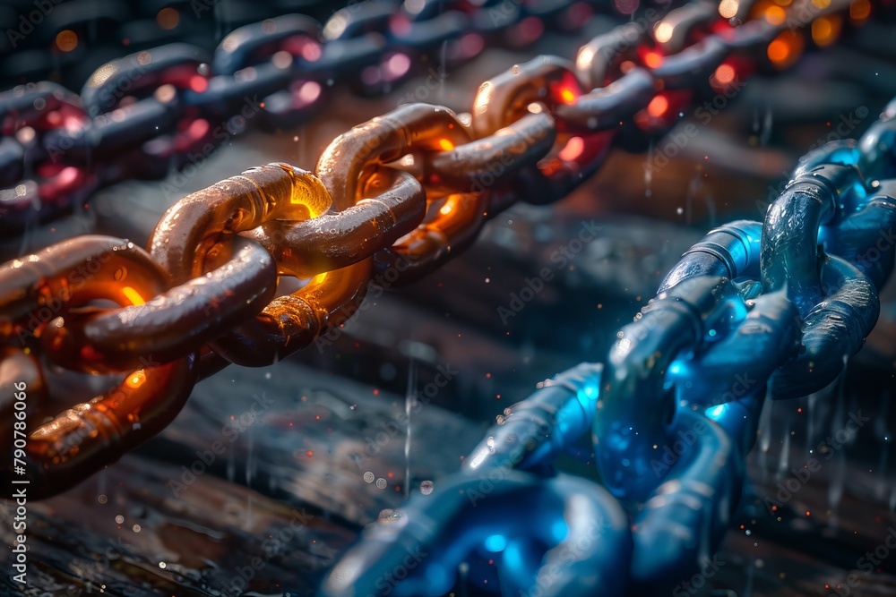 Poster macro shot of metallic chains with orange and blue glowing lights, creating a high-tech industrial f