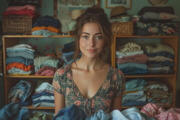 Fototapeta premium An engaging snapshot of a young woman smiling with disorganized clothes shelves in the background