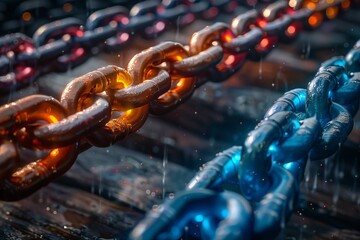 Macro shot of metallic chains with orange and blue glowing lights, creating a high-tech industrial feel