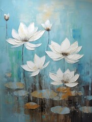 Oil painting illustration of white lotus water lily flower on lake blue background. Valentine, Woman's day and Mothers day concept, art for design poster, greeting card, banner, wedding invitation