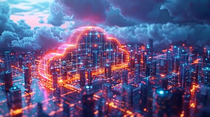 Isometric cloud computing concept. Cloud storage for software development. Remote administration of databases. Data centers for cloud computing technology. Abstract computer interface. - obrazy, fototapety, plakaty