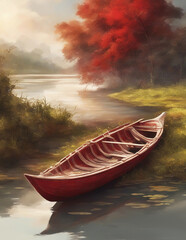 Landscape with a red canoe on the lake.	 - 790786229