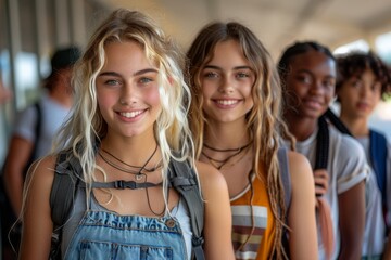 Two friendly young girls in trendy attire smiling brightly in natural light, evoking a sense of youth and joy