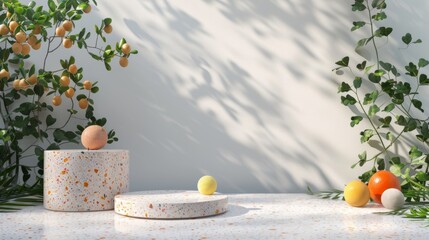 This podium backdrop has a terrazzo texture and is perfect for displaying products.
