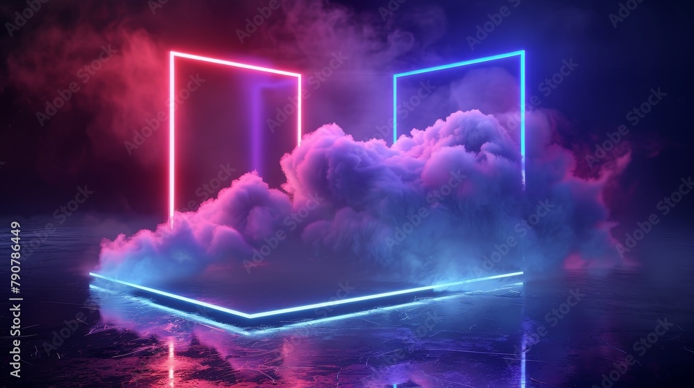 Poster Empty futuristic stage with glowing neon rhombus shape and cloud in a reflective dark room. 3D rendered image.