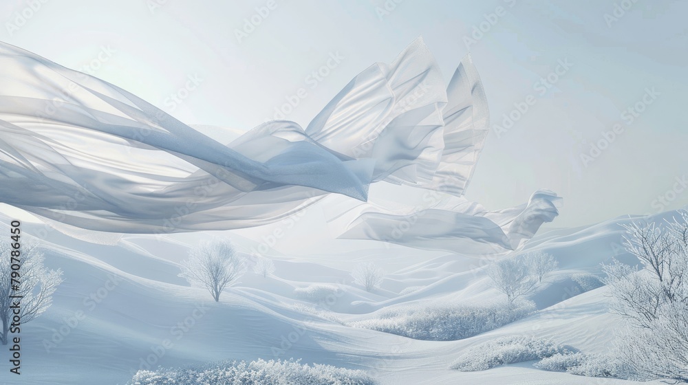 Poster An abstract winter scene with fabric cloth flying. 3D rendering.