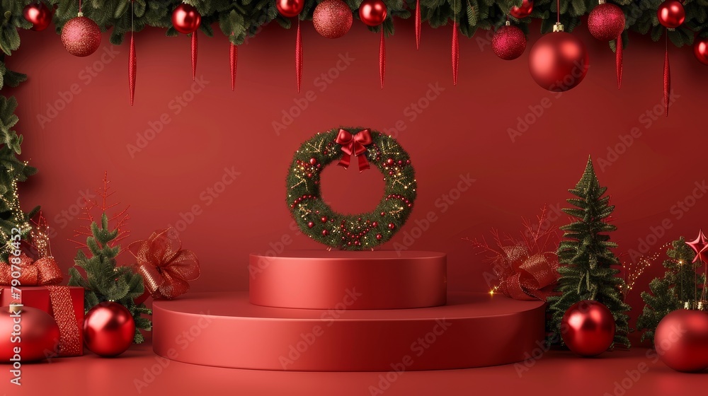 Poster 3D rendering of a Christmas podium backdrop for displaying products.