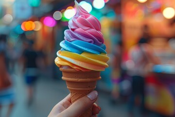 An appetizing swirl of multicolored soft serve ice cream presented in a crispy cone against a lively fairground backdrop