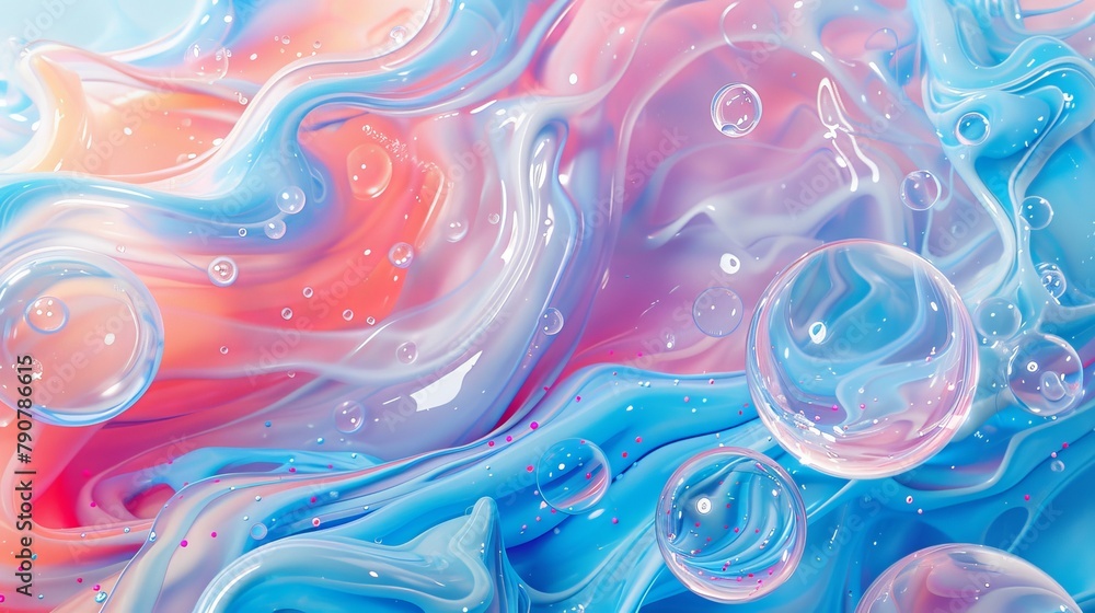 Poster this is an abstract background with holographic floating liquid blobs, soap bubbles, metaballs, etc.