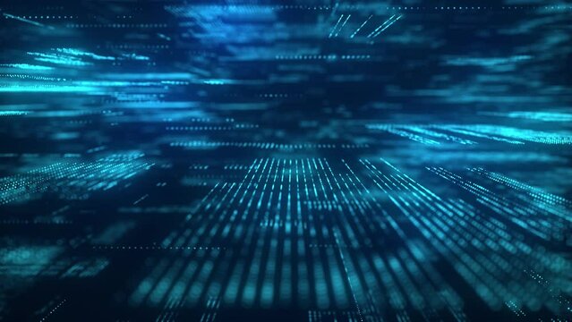 Abstract digital background. Blue matrix cyberspace with moving data. Technology cyber security futuristic space. Concept hacking, sorting and analysis big data. Binary code dots flow. 3d rendering.