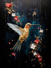 Fototapeta premium Hummingbird impasto oil painting, floral illustration on black background. Illustration for poster, print, wed design, banner. Water drops. Summer design. 