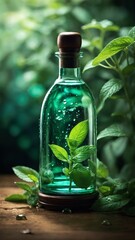 Vibrant green plant, encapsulated within transparent glass bottle, captures essence of nature in confined space. Bottle, adorned with wooden cap.