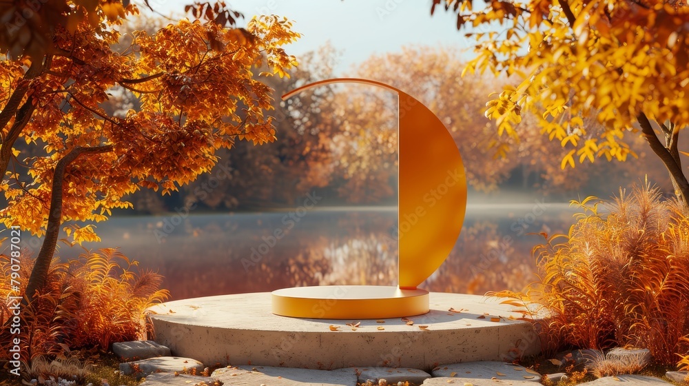 Poster Autumn landscape scene with a podium for displaying products. 3D rendering.
