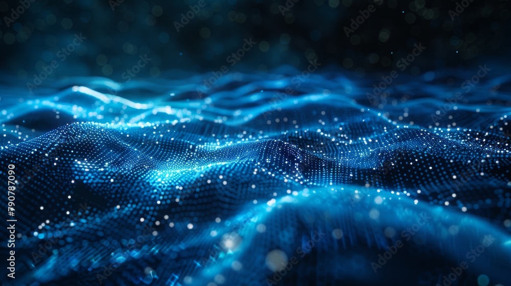 Poster Particles in digital cyberspace with digital connections. Abstract background with 3D rendering technology and fast connections.