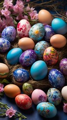 Fototapeta na wymiar Collection of intricately designed easter eggs lies nestled within rustic nest, surrounded by gentle embrace of blooming pink flowers. Each egg, masterpiece, adorned with elaborate patterns, designs.