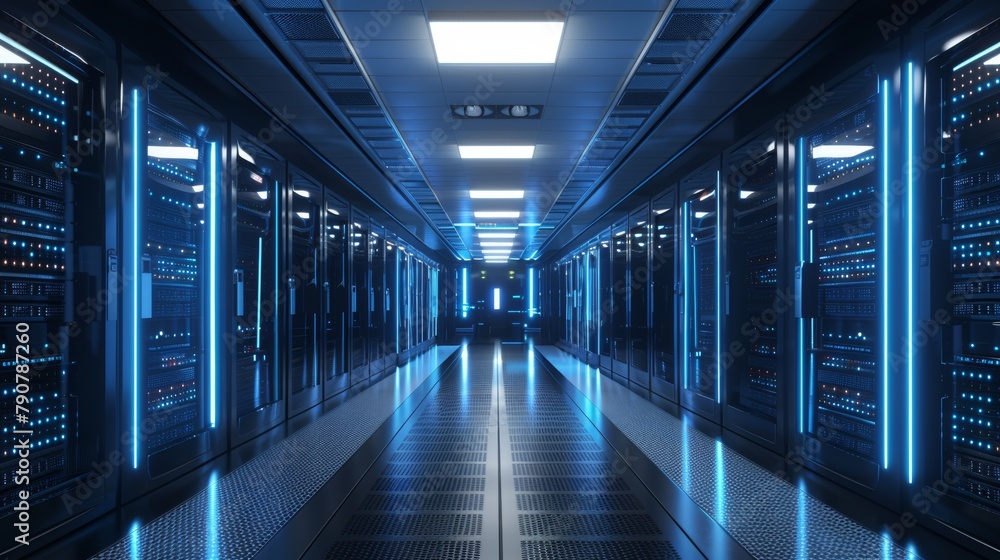 Poster 3D rendering of computer server racks in a data center with advanced security features.