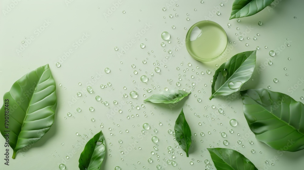 Sticker A natural beauty podium backdrop with water drops and green leaves, modeled in 3D. View from the top of the podium.