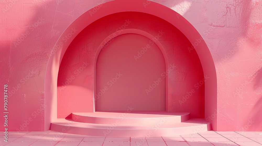 Aufkleber this is a scene with geometrical forms, an arch with a podium, a minimal background, and a pink back