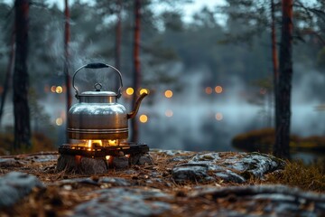A tranquil outdoor scene with a kettle on a camp stove among pine trees with bokeh lights and mist