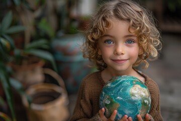 A young girl holds a world globe, her face lit up with curiosity and a sense of wonder about the planet